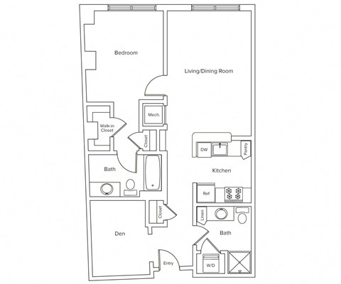 Floor plan for 1 bed, 2 baths, 783 sqft